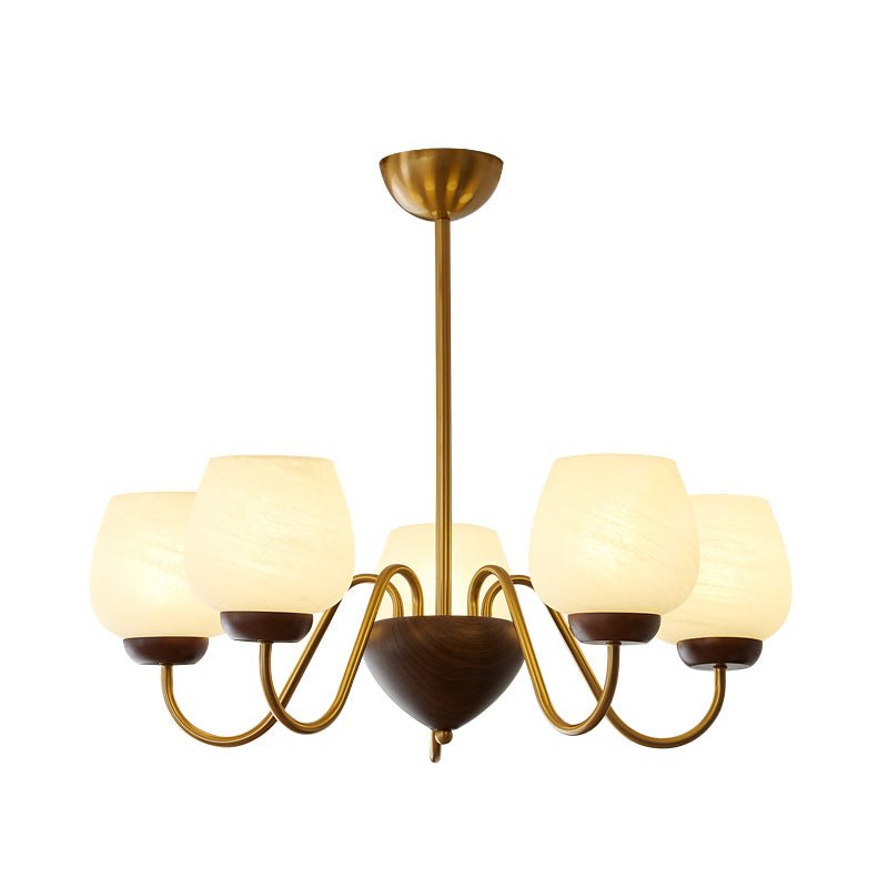 Aurorium Modern Brass Chandelier with Walnut Accents and Glass Globes