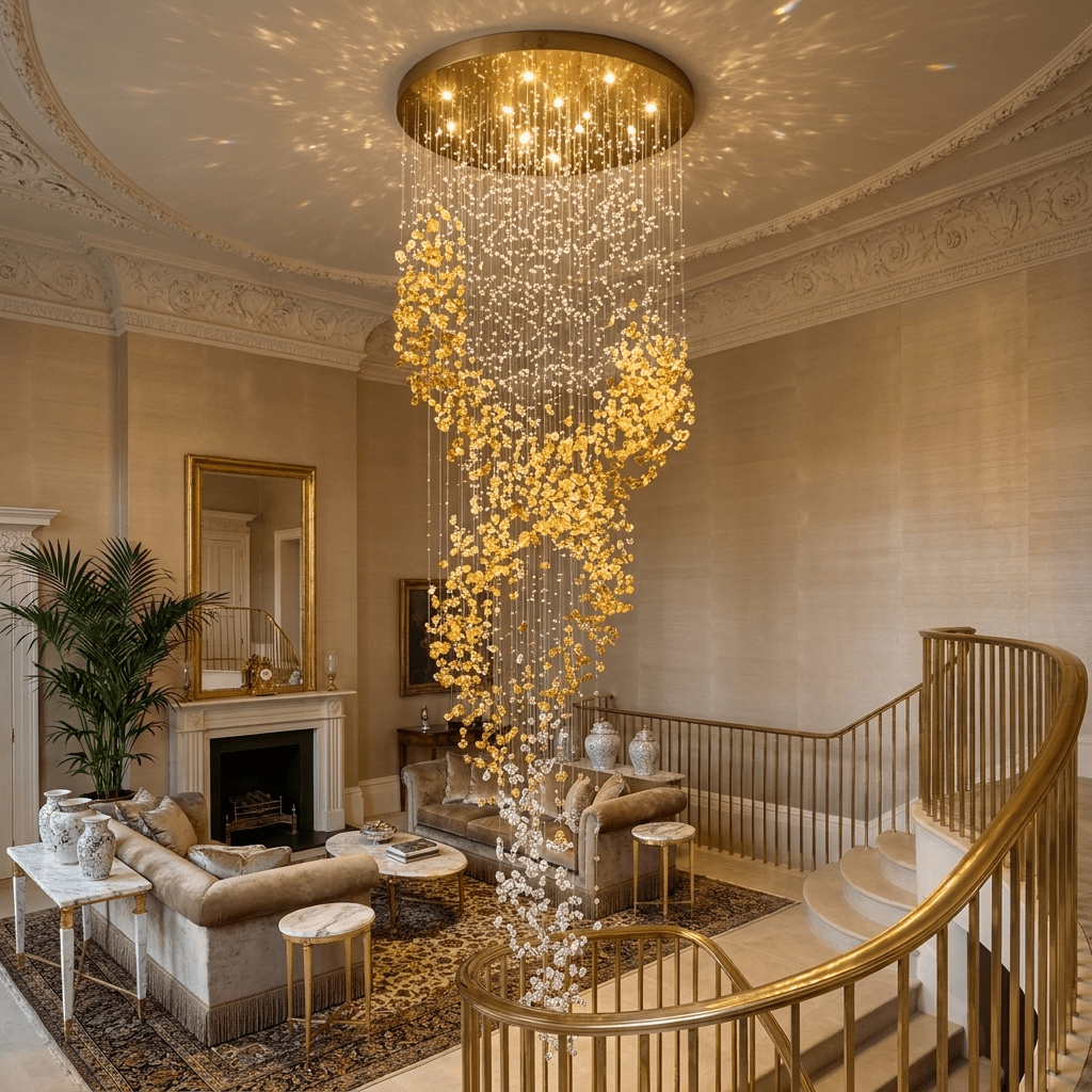 Aurum Cascade Chandelier – 1,500 Crystal Glass Pendant Light in Gold