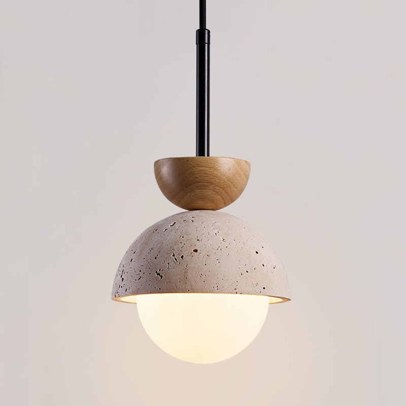 Avelin Travertine Pendant Light with Glass Globe and Wood Accent