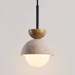 Avelin Travertine Pendant Light with Glass Globe and Wood Accent