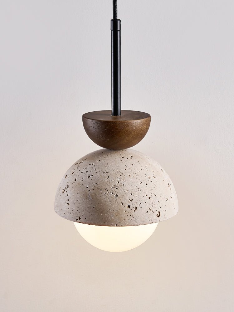 Avelin Travertine Pendant Light with Glass Globe and Wood Accent