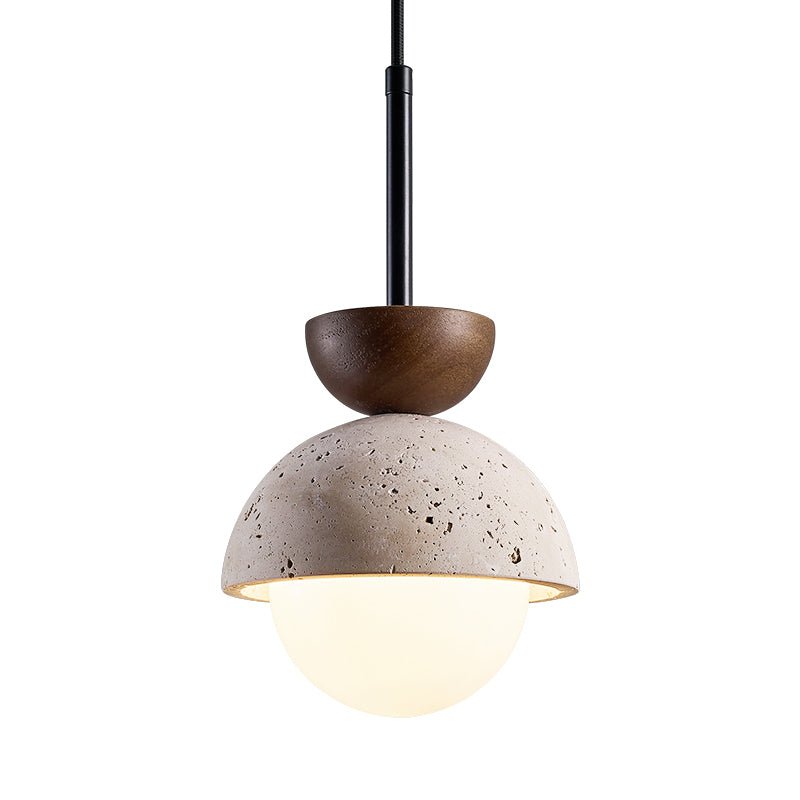Avelin Travertine Pendant Light with Glass Globe and Wood Accent