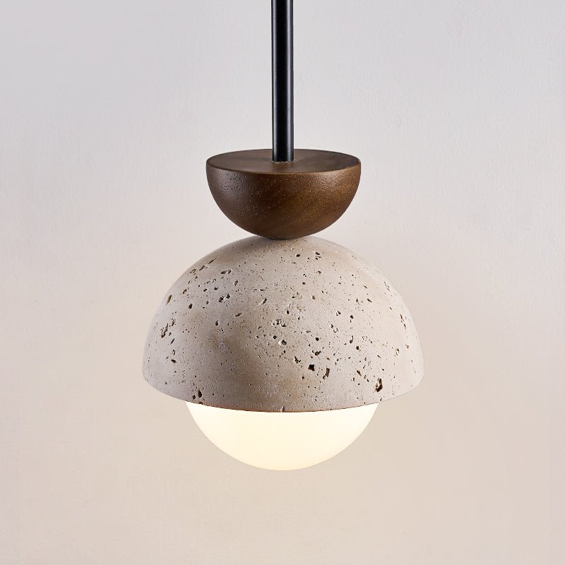 Avelin Travertine Pendant Light with Glass Globe and Wood Accent