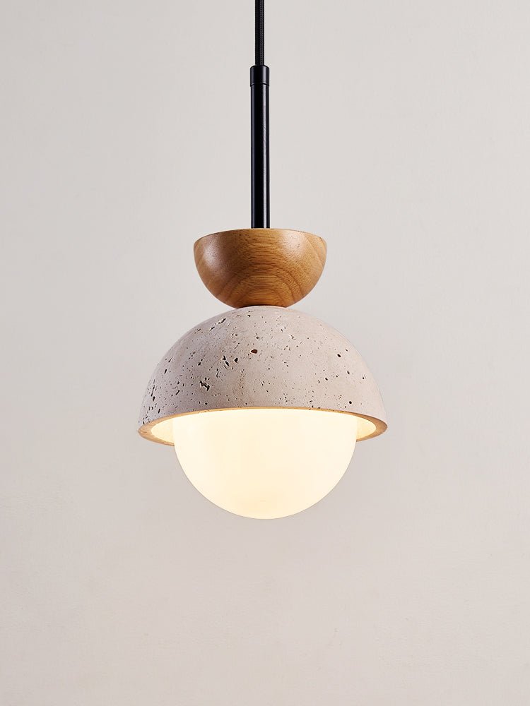 Avelin Travertine Pendant Light with Glass Globe and Wood Accent