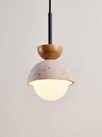 Avelin Travertine Pendant Light with Glass Globe and Wood Accent