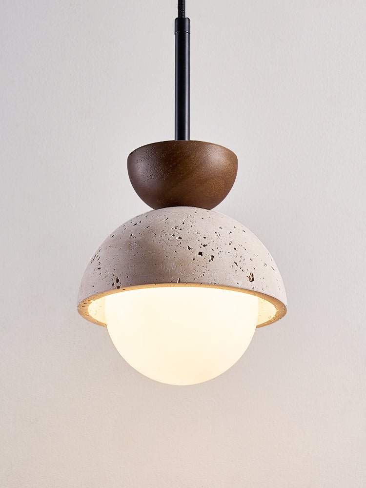 Avelin Travertine Pendant Light with Glass Globe and Wood Accent