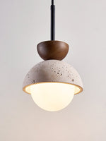 Avelin Travertine Pendant Light with Glass Globe and Wood Accent