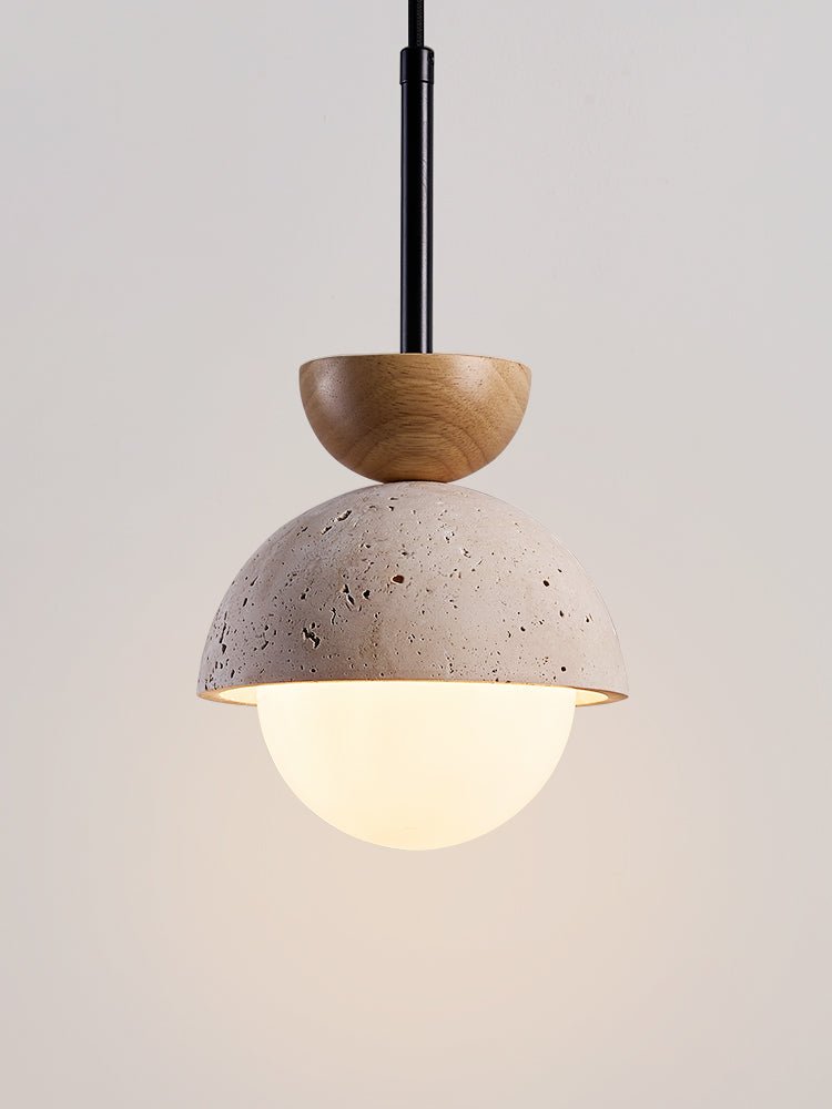 Avelin Travertine Pendant Light with Glass Globe and Wood Accent