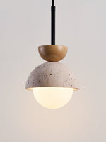 Avelin Travertine Pendant Light with Glass Globe and Wood Accent