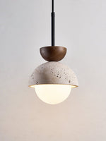 Avelin Travertine Pendant Light with Glass Globe and Wood Accent