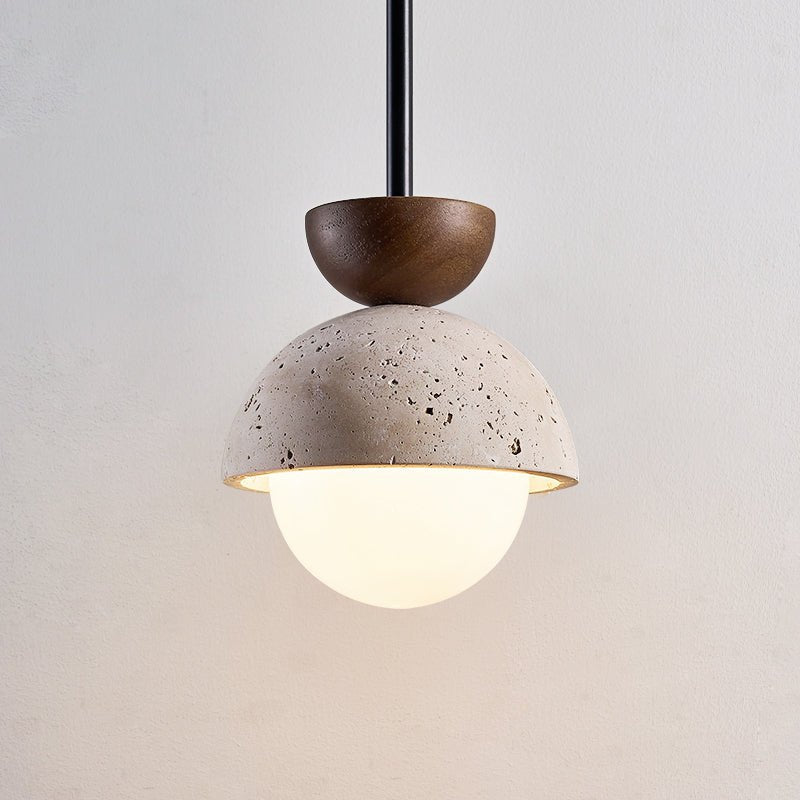 Avelin Travertine Pendant Light with Glass Globe and Wood Accent