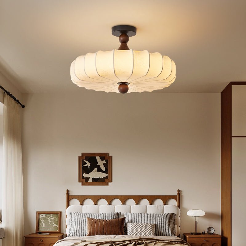 Aveline Bloom Modern Flush Mount Ceiling Light in Walnut and White Fabric