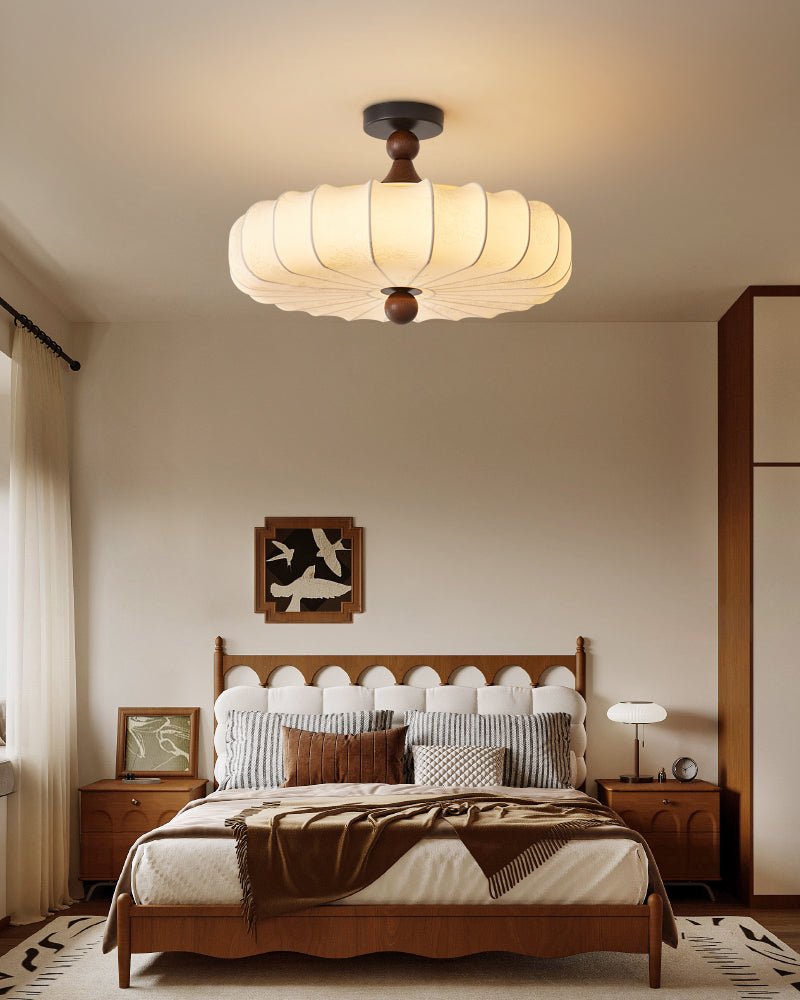 Aveline Bloom Modern Flush Mount Ceiling Light in Walnut and White Fabric