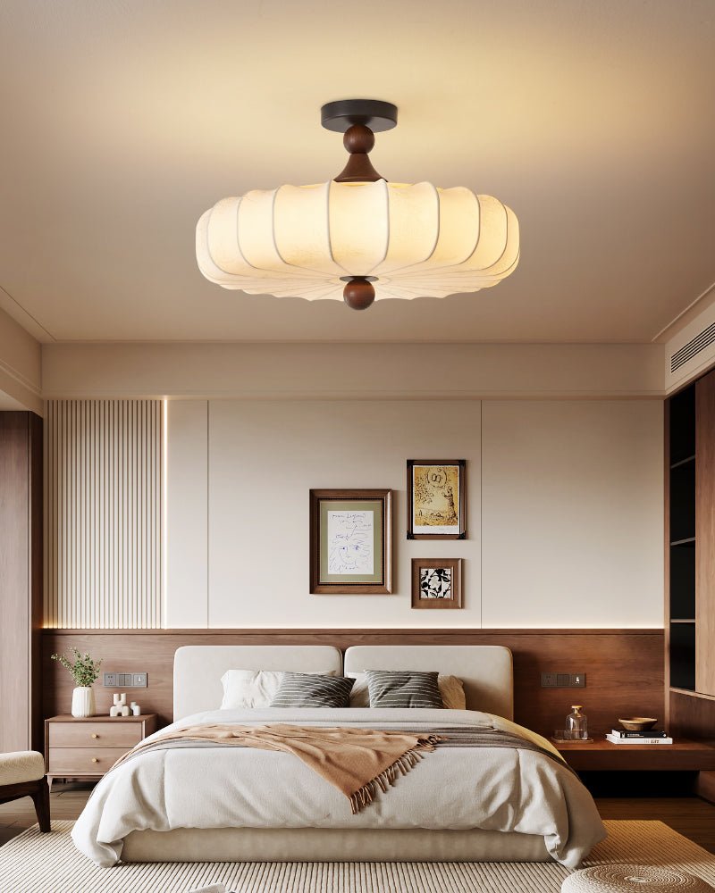 Aveline Bloom Modern Flush Mount Ceiling Light in Walnut and White Fabric