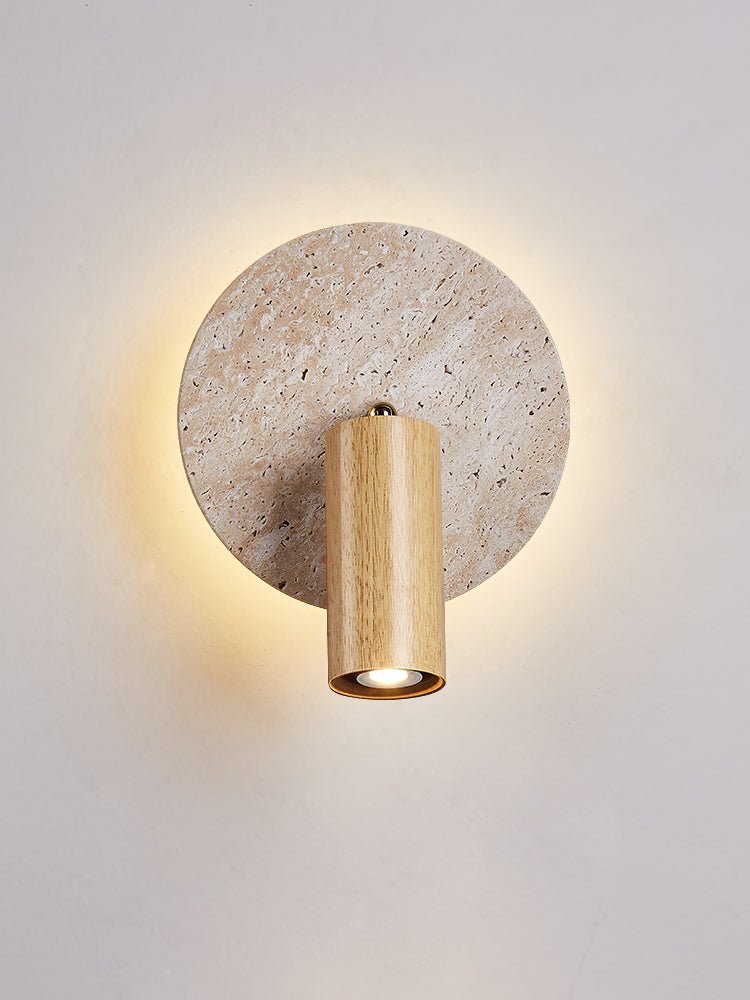 Axis Spot Sconce Wall Light in Travertine and Wood