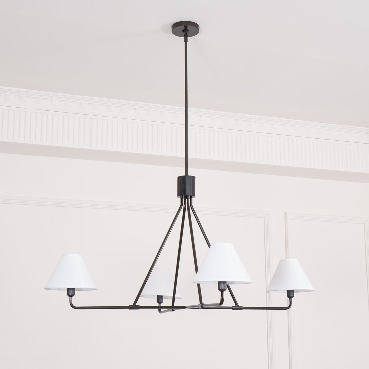 Axis Modern Linear Chandelier in Brass and Black for Dining Room and Living Room