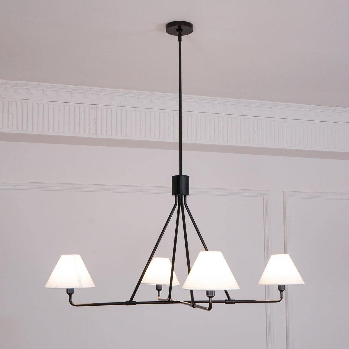 Axis Modern Linear Chandelier in Brass and Black for Dining Room and Living Room