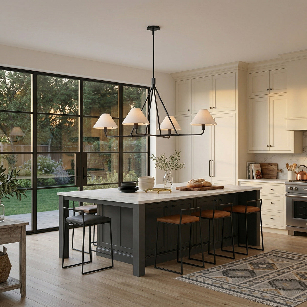 Axis Modern Linear Chandelier in Brass and Black for Dining Room and Living Room