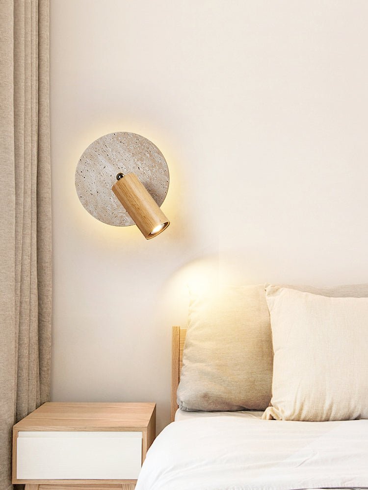 Axis Spot Sconce Wall Light in Travertine and Wood