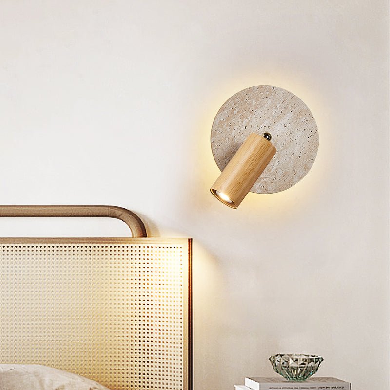 Axis Spot Sconce Wall Light in Travertine and Wood