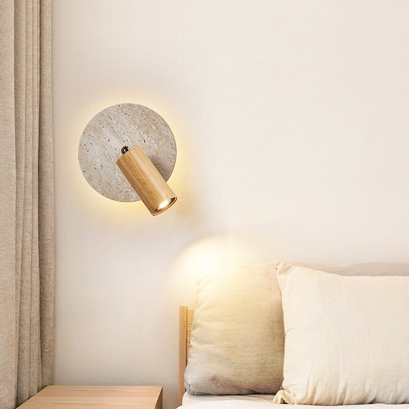 Axis Spot Sconce Wall Light in Travertine and Wood
