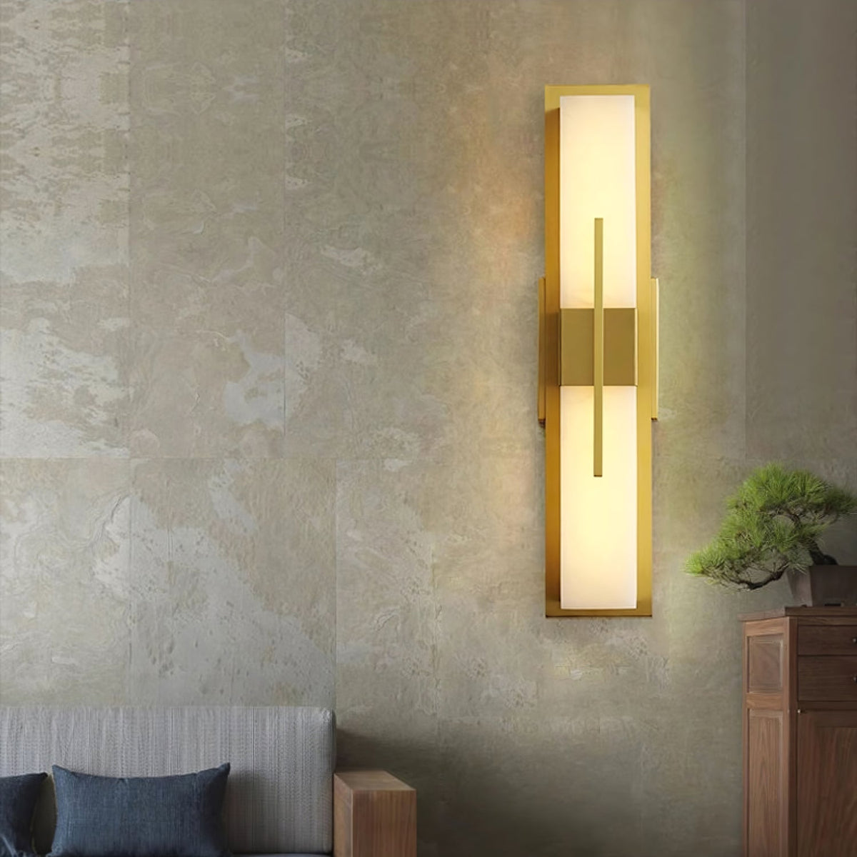Axis Twin Alabaster LED Wall Sconce, Modern Brass & Black Finish
