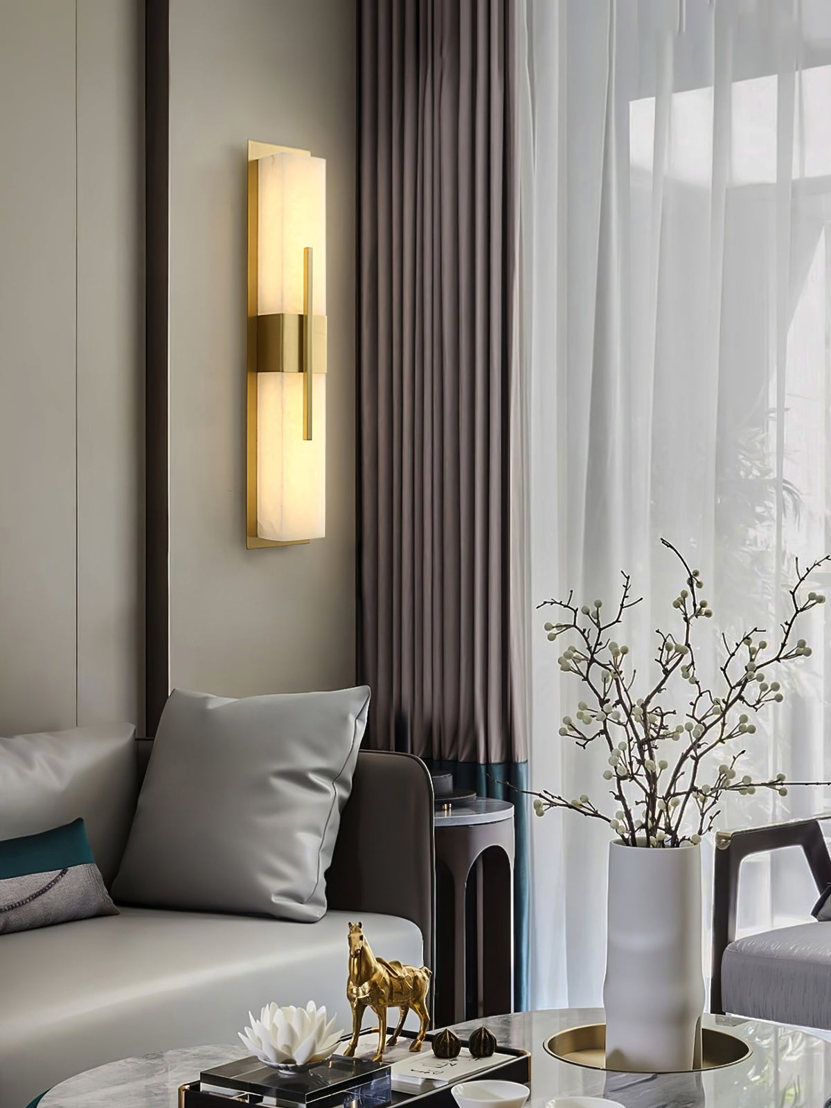Axis Twin Alabaster LED Wall Sconce, Modern Brass & Black Finish
