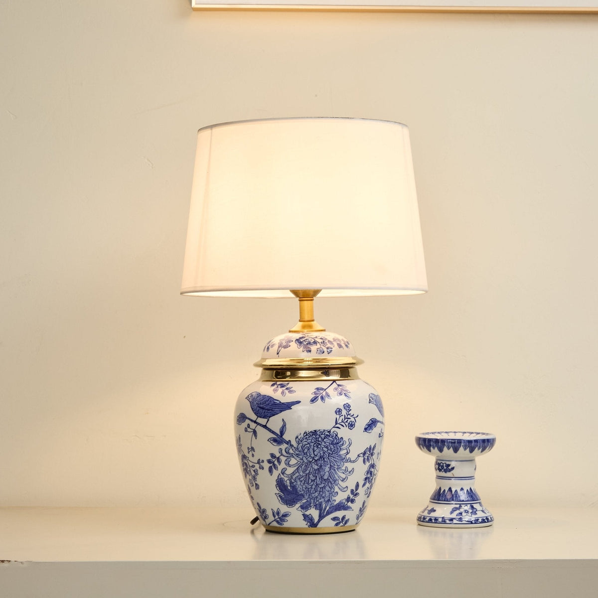 Azure Ceramic Table Lamp with Fabric Shade for Bedroom and Living Room