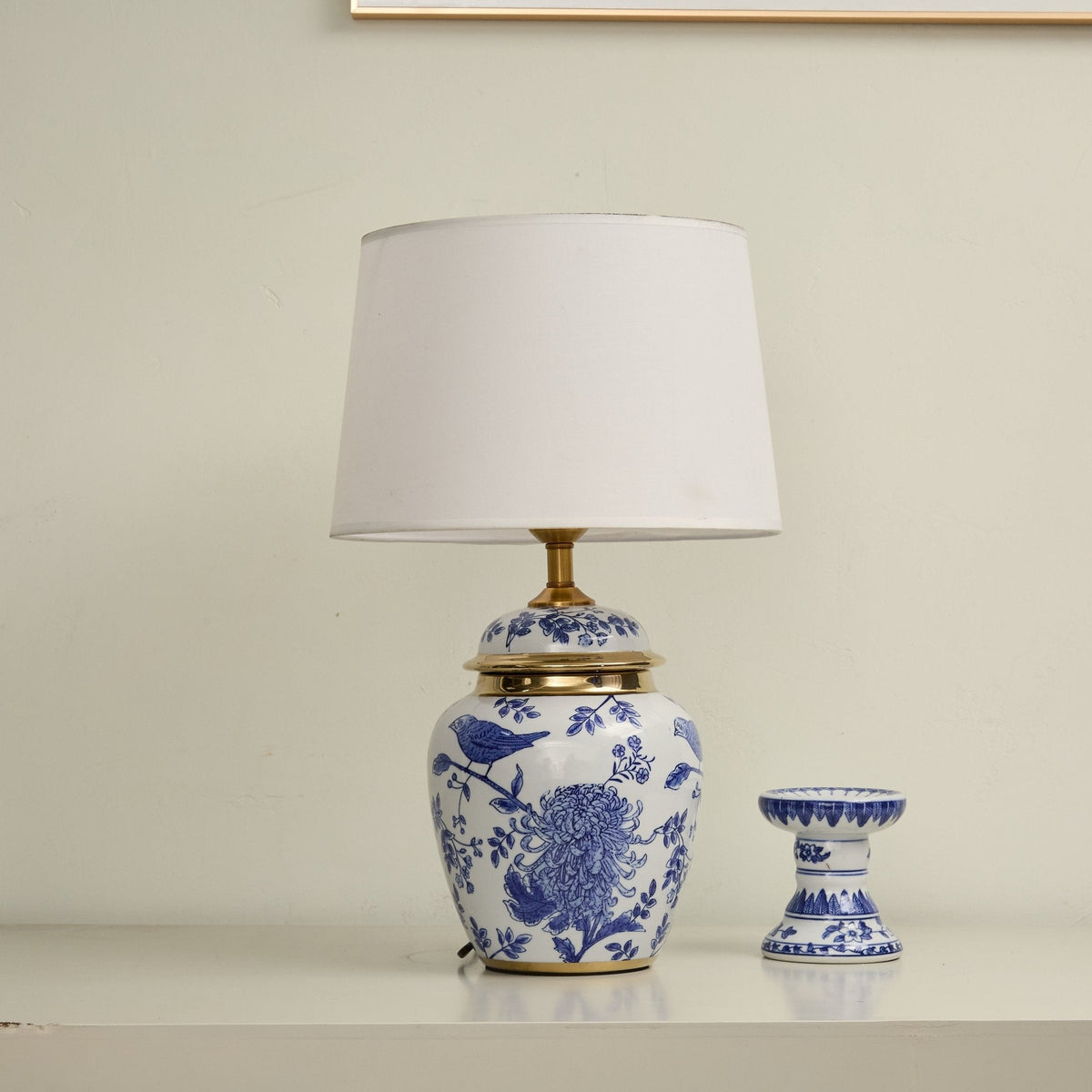 Azure Ceramic Table Lamp with Fabric Shade for Bedroom and Living Room