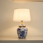 Azure Ceramic Table Lamp with Fabric Shade for Bedroom and Living Room