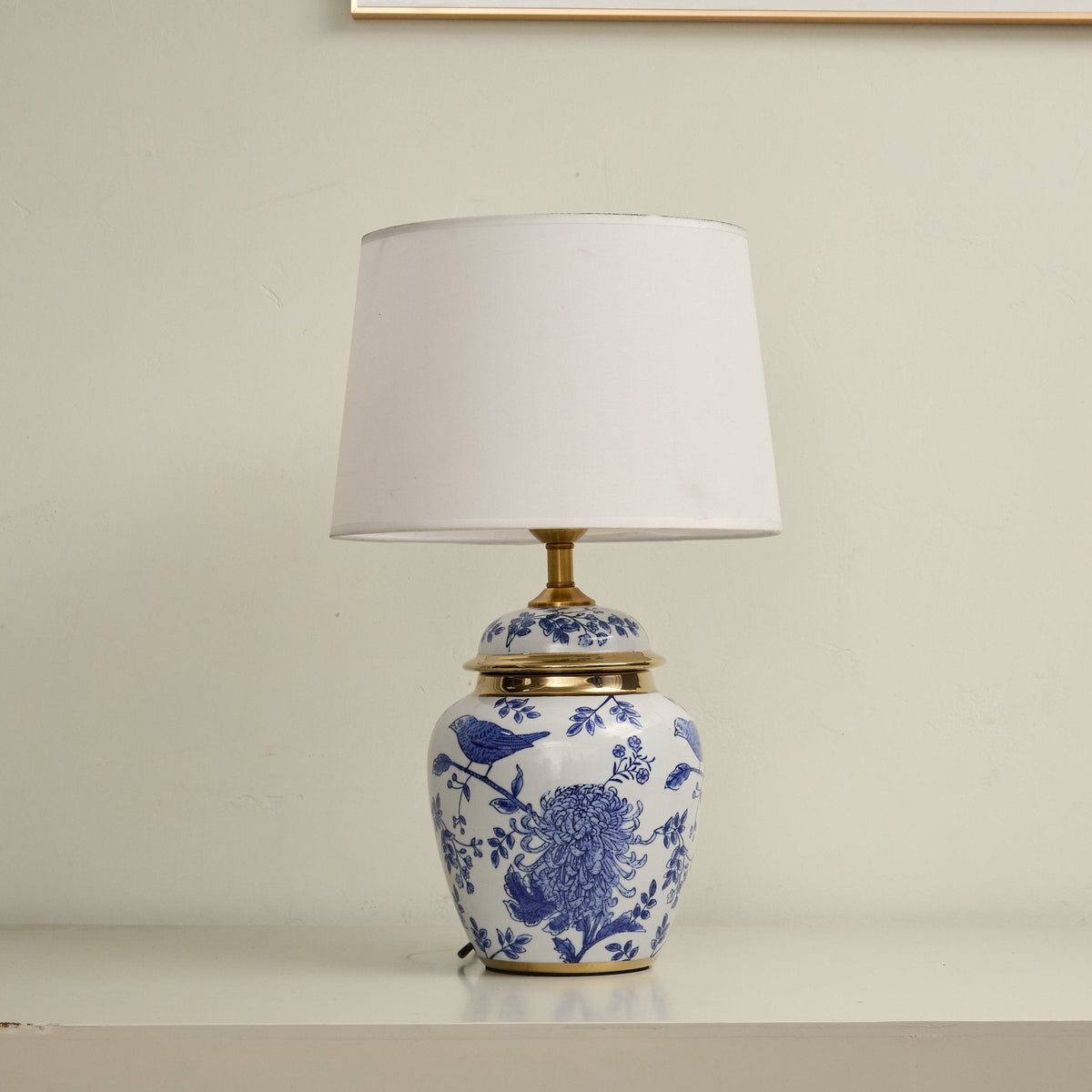Azure Ceramic Table Lamp with Fabric Shade for Bedroom and Living Room