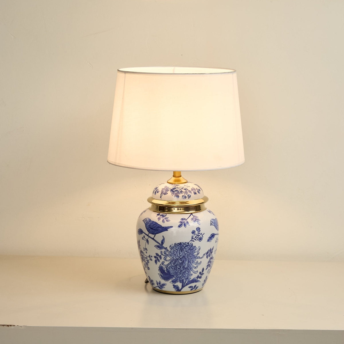 Azure Ceramic Table Lamp with Fabric Shade for Bedroom and Living Room
