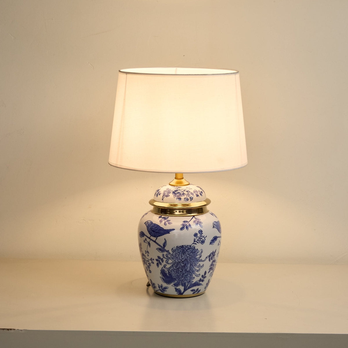 Azure Ceramic Table Lamp with Fabric Shade for Bedroom and Living Room