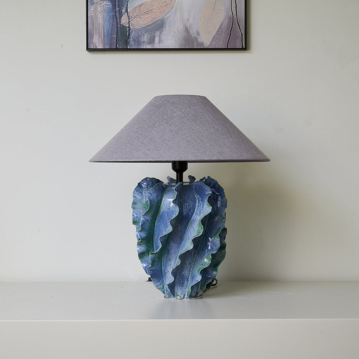Azure Wave Sculptural Ceramic Table Lamp with Linen Shade
