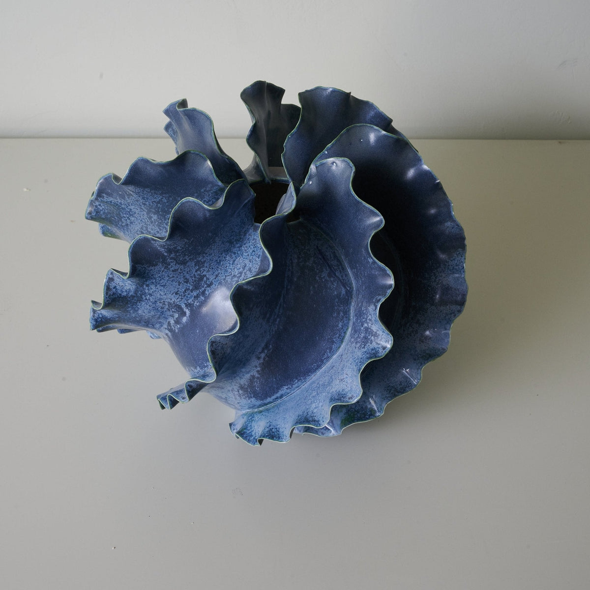 Azure Wave Sculptural Ceramic Table Lamp with Linen Shade