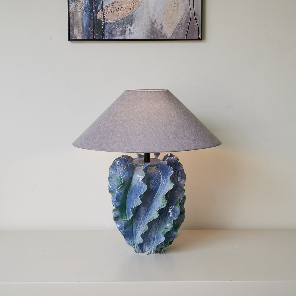 Azure Wave Sculptural Ceramic Table Lamp with Linen Shade