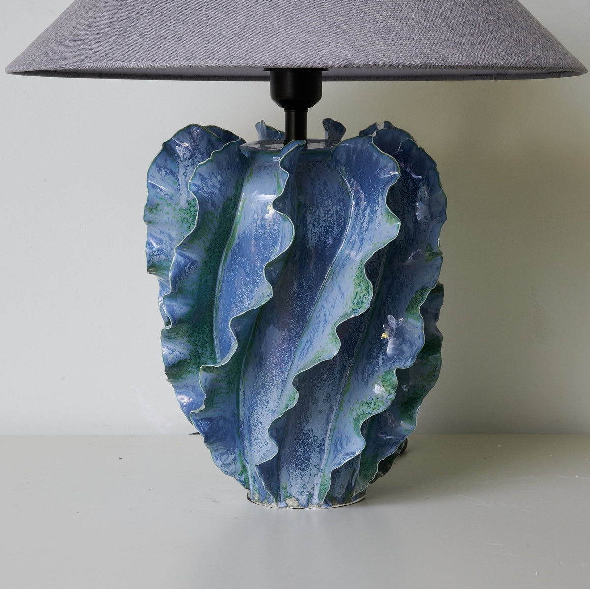 Azure Wave Sculptural Ceramic Table Lamp with Linen Shade