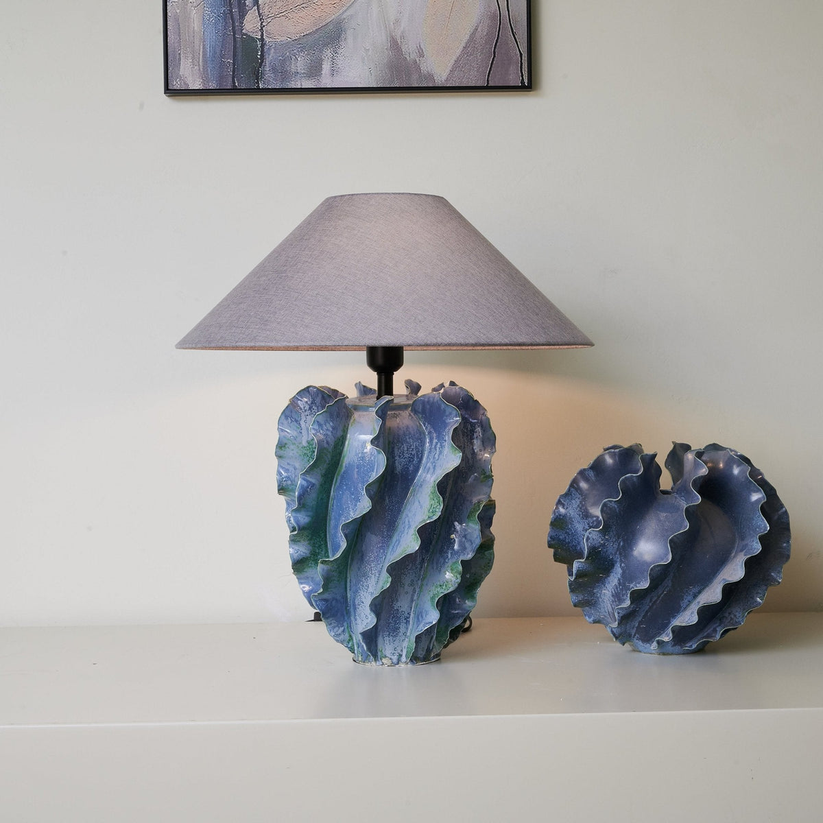Azure Wave Sculptural Ceramic Table Lamp with Linen Shade
