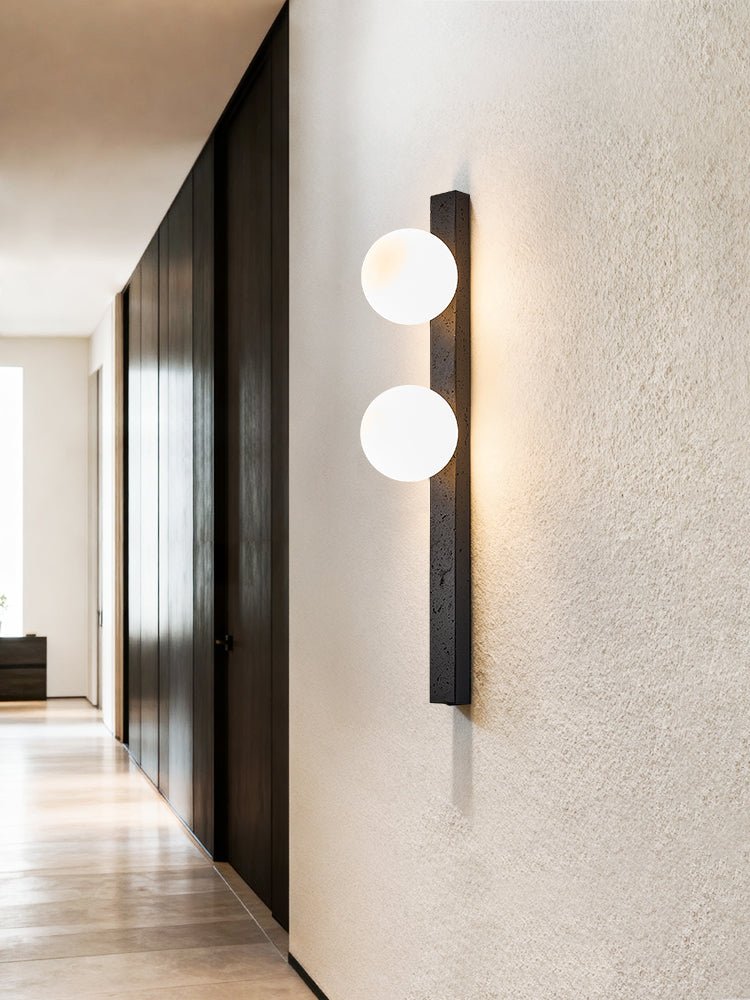 Balanced Globe Wall Sconce in Black Travertine and Opal Glass