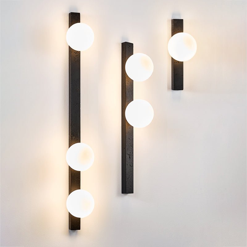 Balanced Globe Wall Sconce in Black Travertine and Opal Glass