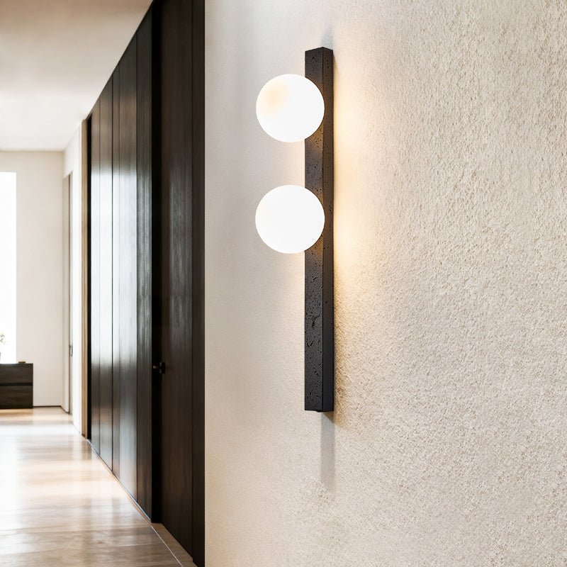 Balanced Globe Wall Sconce in Black Travertine and Opal Glass