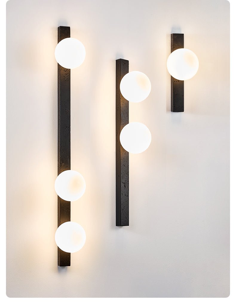 Balanced Globe Wall Sconce in Black Travertine and Opal Glass