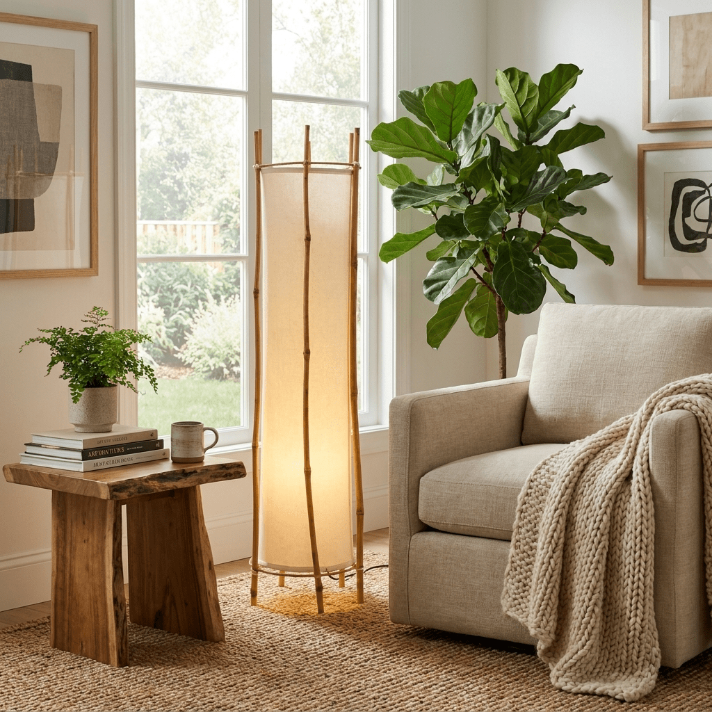 Bamboo Veil Lantern Floor Lamp – Natural Bamboo & Fabric Ambient Light for Living Room, Bedroom