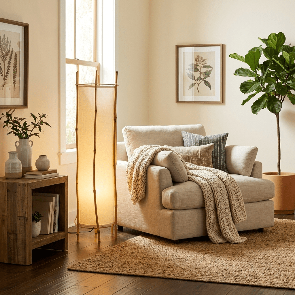 Bamboo Veil Lantern Floor Lamp – Natural Bamboo & Fabric Ambient Light for Living Room, Bedroom