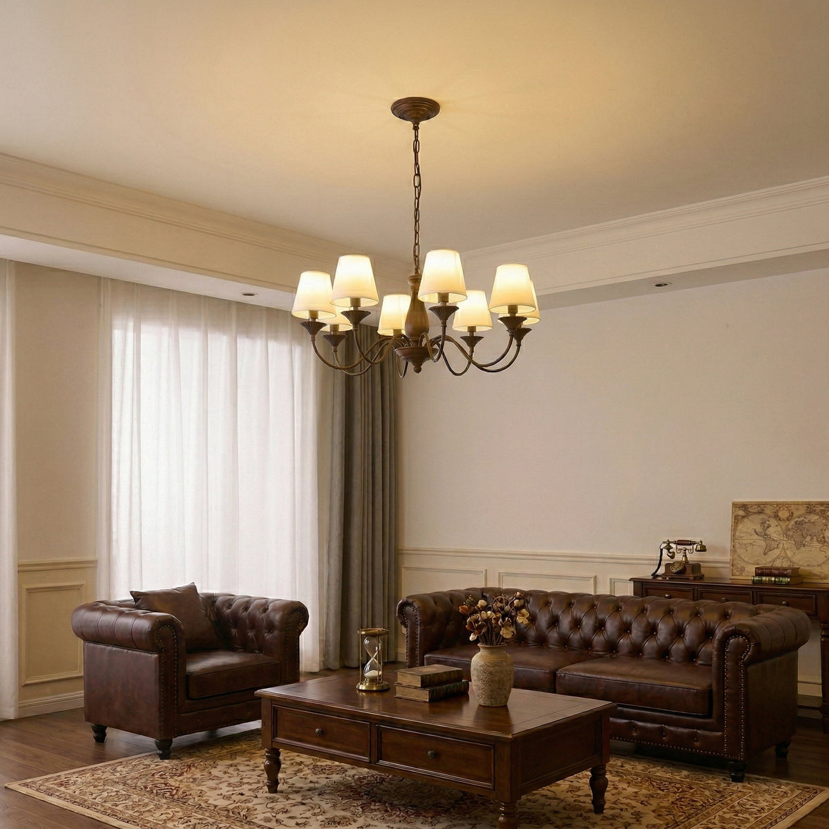 Beatrice Vintage Chandelier – Bronze & Fabric Pendant Light for Dining Room