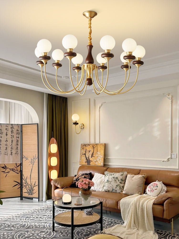Bellagio Arc Chandelier — Modern Brass & Wood Designer Pendant Light