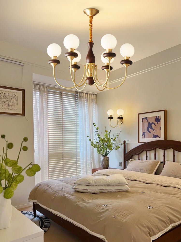 Bellagio Arc Chandelier — Modern Brass & Wood Designer Pendant Light