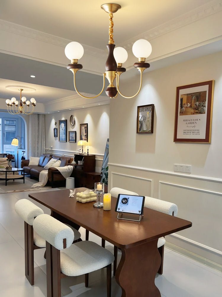Bellagio Arc Chandelier — Modern Brass & Wood Designer Pendant Light