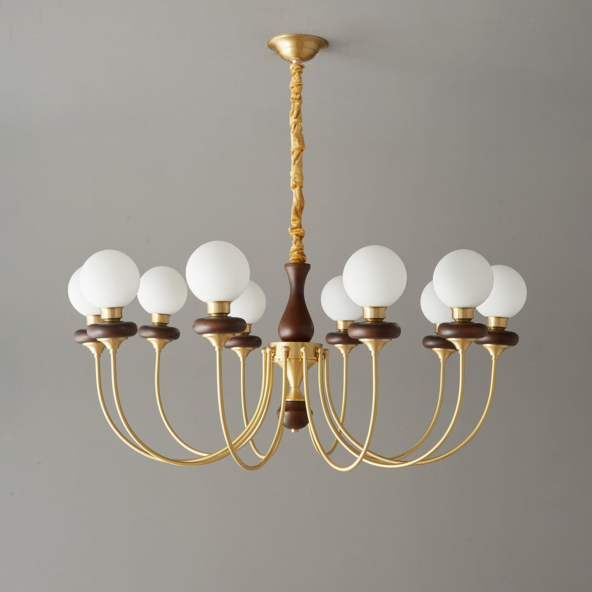 Bellagio Arc Chandelier — Modern Brass & Wood Designer Pendant Light