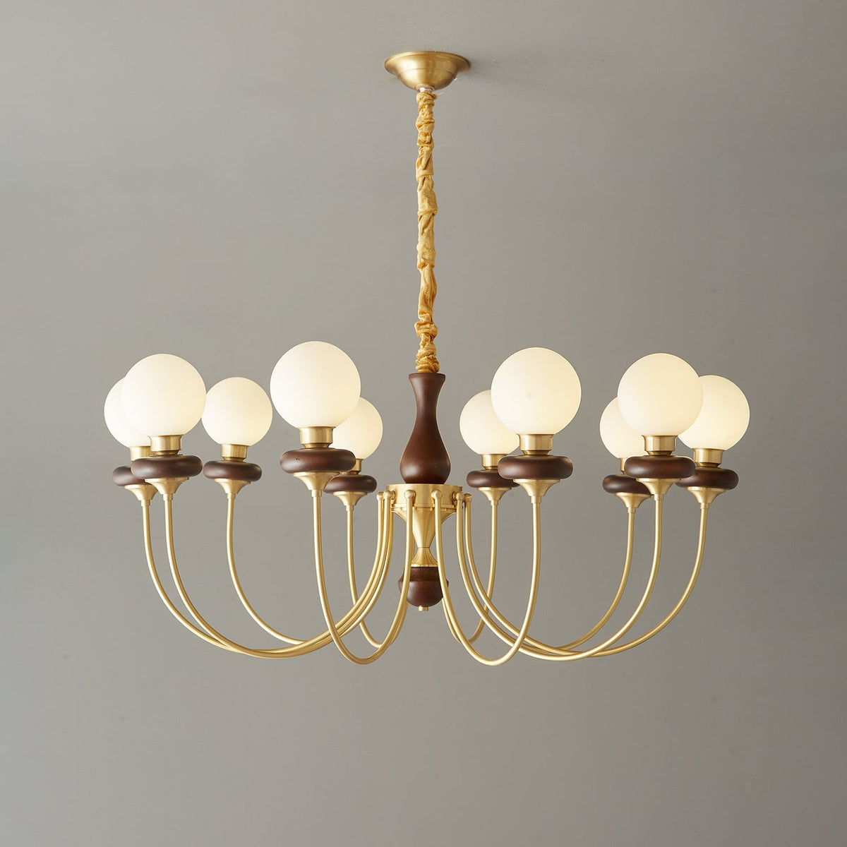Bellagio Arc Chandelier — Modern Brass & Wood Designer Pendant Light